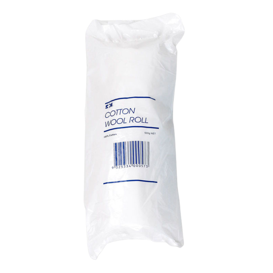 S+M Cotton Wool Roll 500g, 100% cotton, in clear plastic packaging with blue text and barcode.
