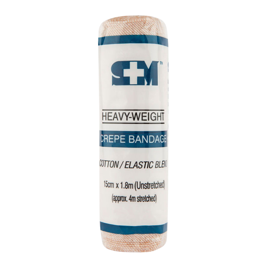 Heavy-weight crepe bandage with cotton/elastic blend, size 15cm x 1.8m (unstretched), approx. 4m stretched. Perfect for large-area support and dressing.
