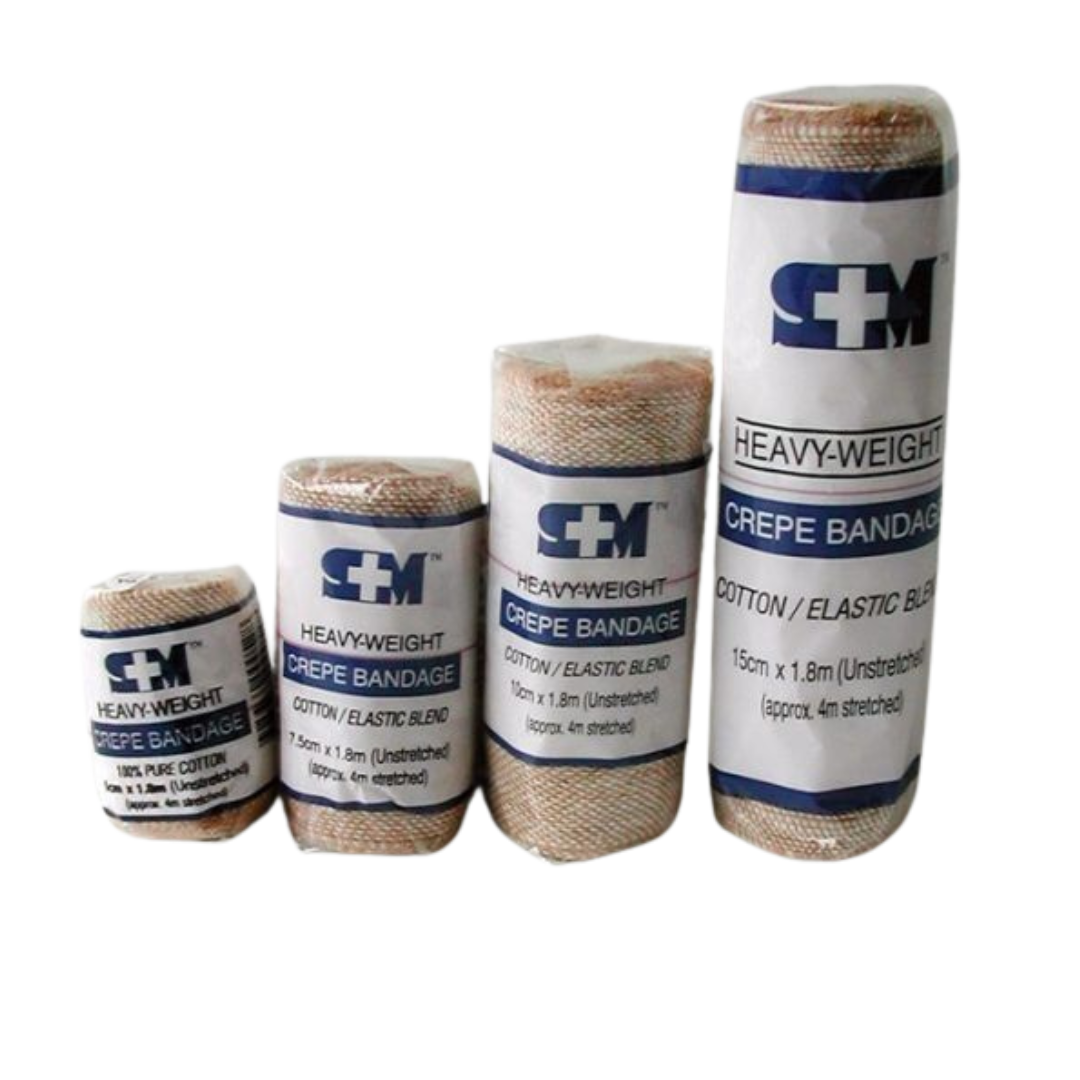 Heavy-weight crepe bandage with cotton/elastic blend, size 15cm x 1.8m (unstretched), approx. 4m stretched. Perfect for large-area support and dressing.
