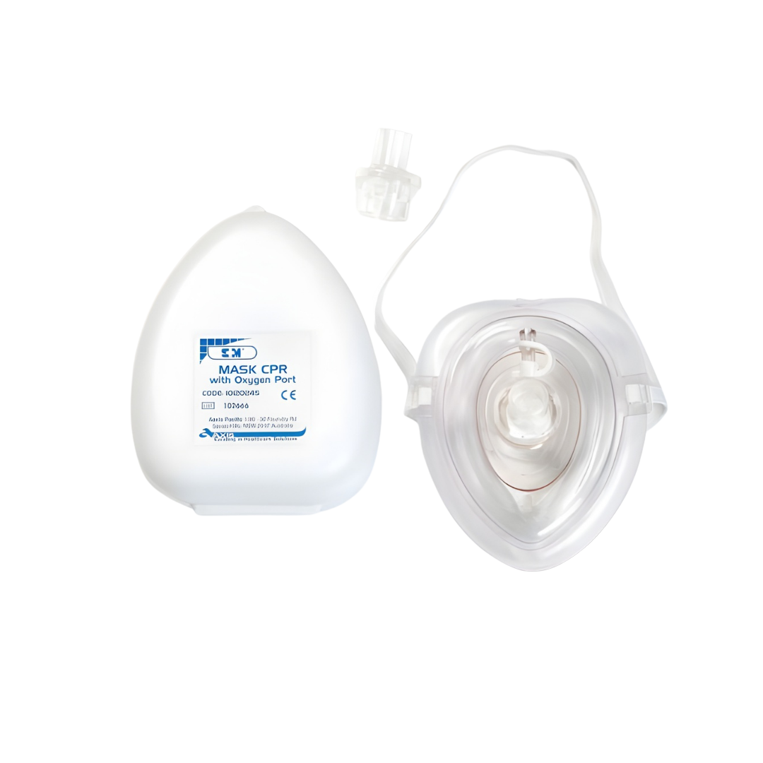 S+M CPR Mask with Oxygen Port – clear emergency resuscitation mask with one-way valve and oxygen inlet, includes protective case for safe storage and transport.