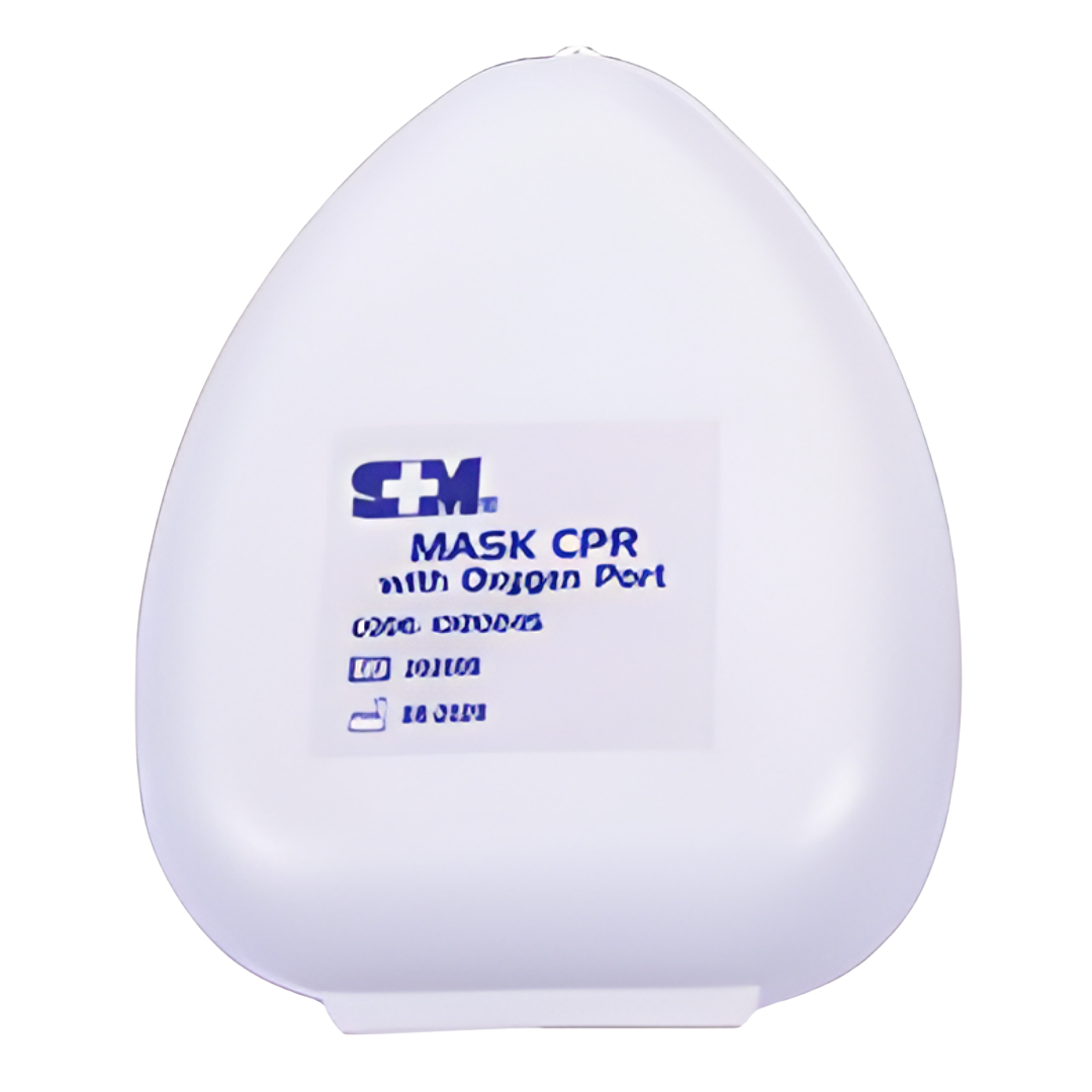 S+M CPR Mask with Oxygen Port – clear emergency resuscitation mask with one-way valve and oxygen inlet, includes protective case for safe storage and transport.