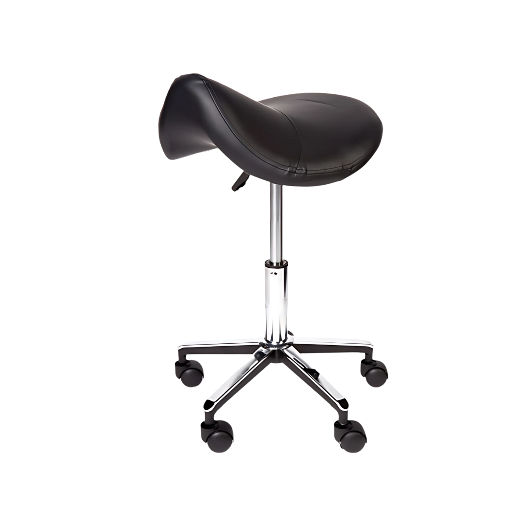 Adjustable black saddle stool with gas lift – ergonomic chair for professional or clinical use.