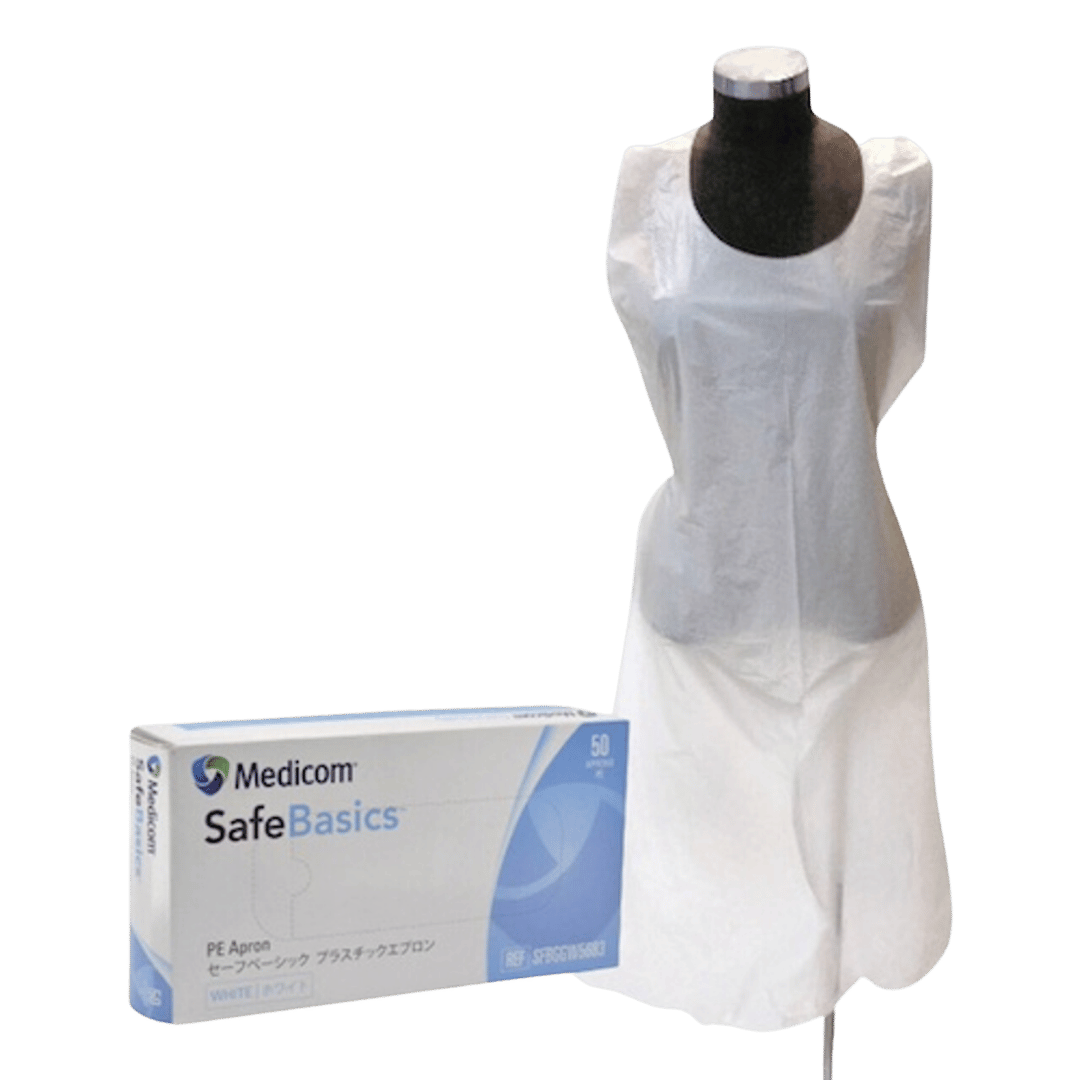 SafeBasics Disposable Plastic Apron standard variant providing lightweight single-use protection for carers, nurses, and healthcare workers in care settings.