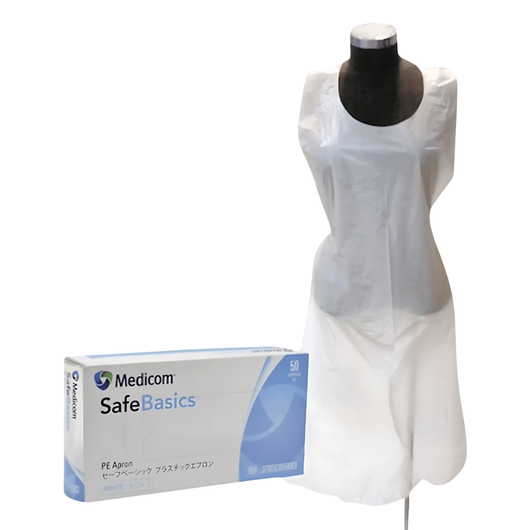 SafeBasics Disposable Plastic Apron standard variant providing lightweight single-use protection for carers, nurses, and healthcare workers in care settings.