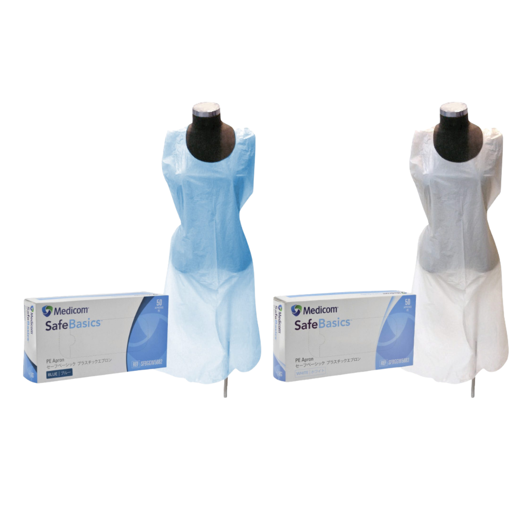 SafeBasics Disposable Plastic Apron standard variant providing lightweight single-use protection for carers, nurses, and healthcare workers in care settings.
