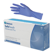 Box of SafeTouch Advanced Pro Long Cuff Violet Nitrile Gloves – powder-free, chemo-rated, and latex-free for medical and industrial protection.