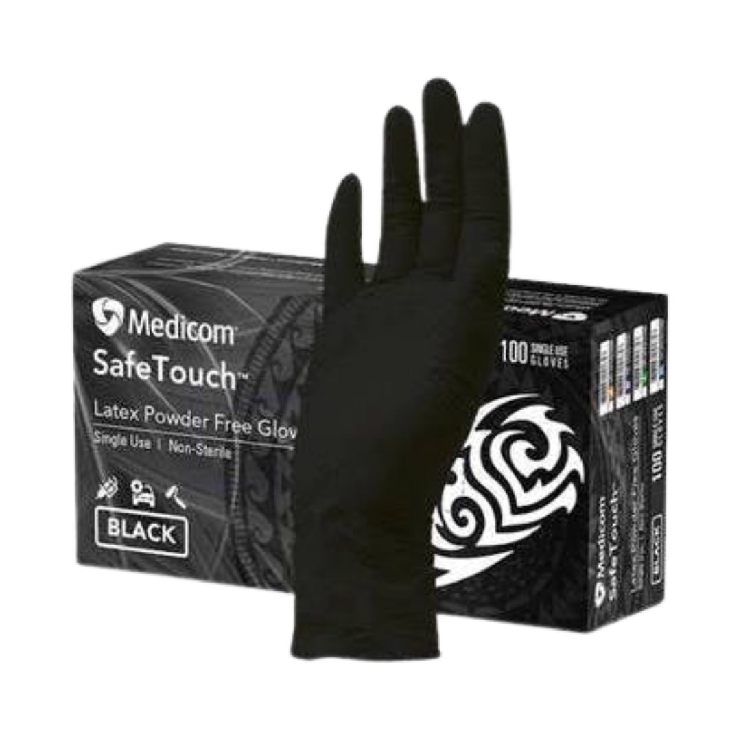 SafeTouch Ultimate Black Latex Powder Free Medical Examination Gloves box.