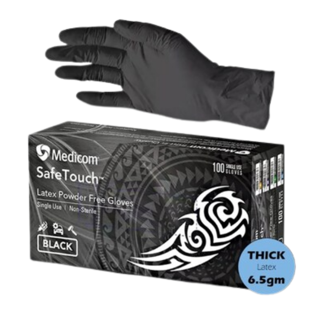 SafeTouch Ultimate Black Latex Powder Free Medical Examination Gloves box.
