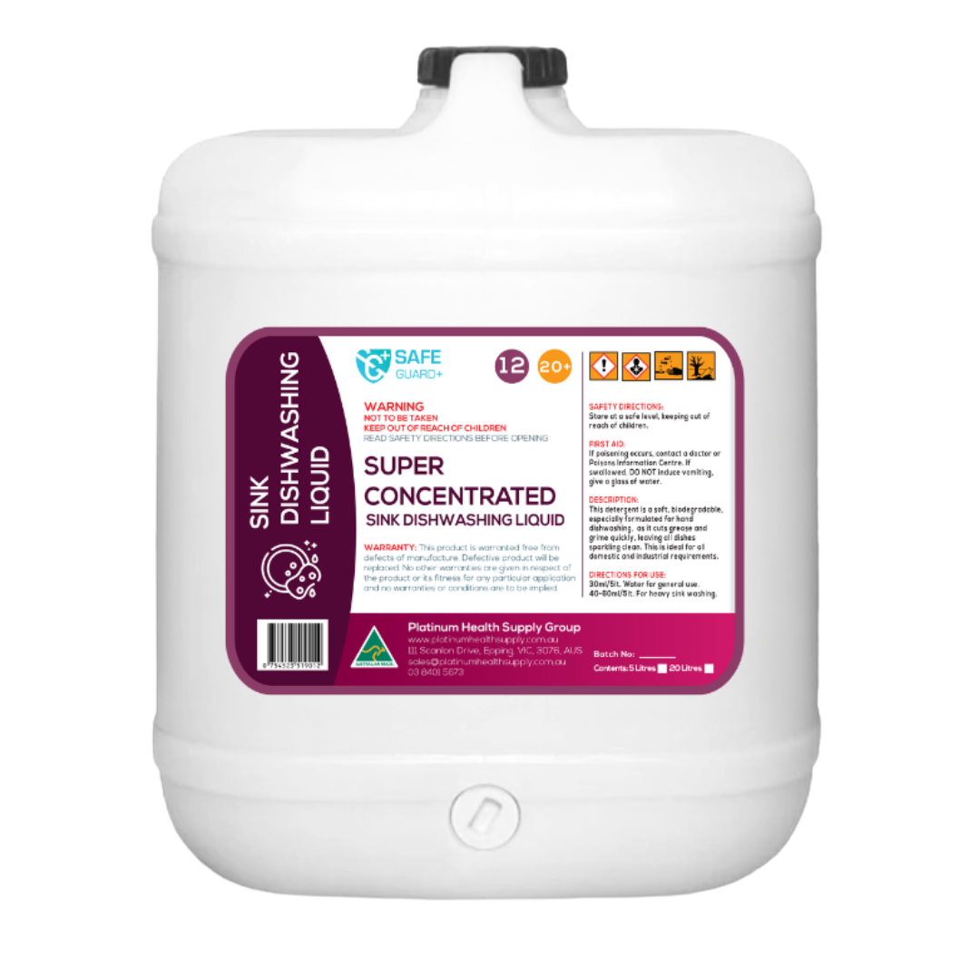 Bottle of SafeGuard+ Super Concentrated Sink Dishwashing Liquid, designed for powerful grease removal, gentle on hands, and suitable for commercial or home kitchen use.