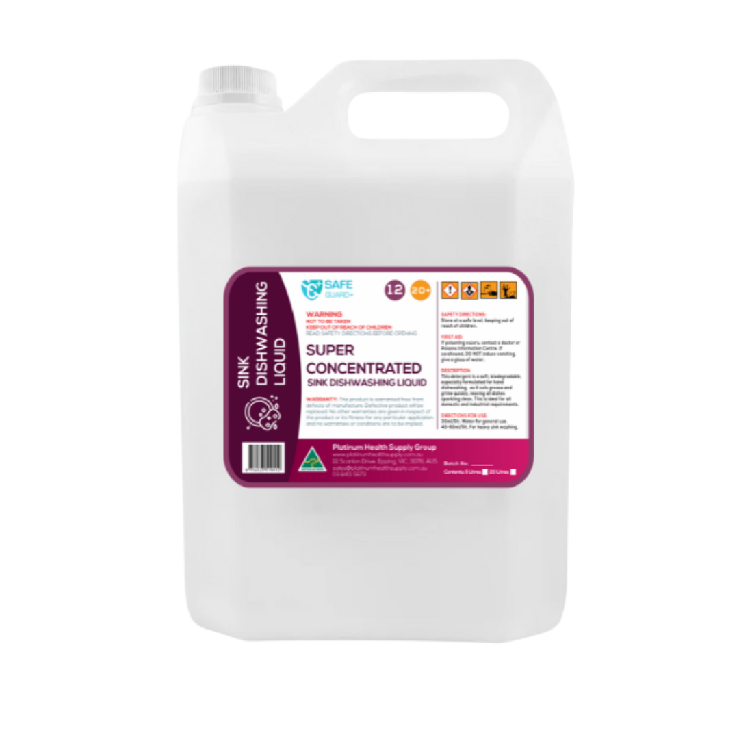 Bottle of SafeGuard+ Super Concentrated Sink Dishwashing Liquid, designed for powerful grease removal, gentle on hands, and suitable for commercial or home kitchen use.