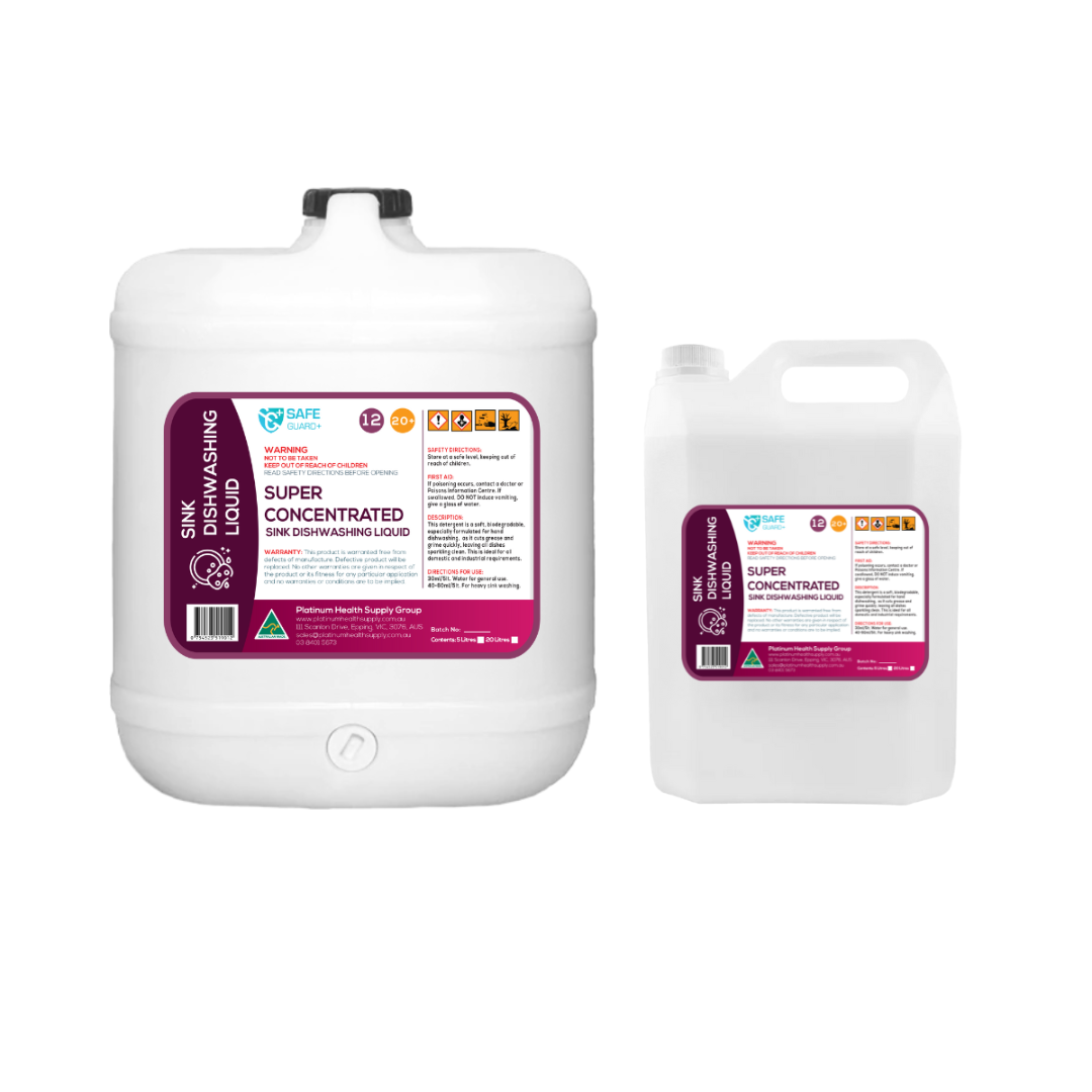 Bottle of SafeGuard+ Super Concentrated Sink Dishwashing Liquid, designed for powerful grease removal, gentle on hands, and suitable for commercial or home kitchen use.