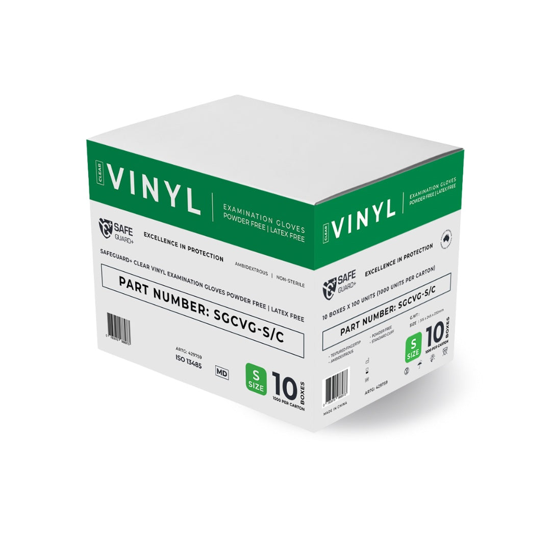 Safeguard Clear Medical Grade Vinyl Gloves are powder-free, non-sterile, offering durable hand protection for healthcare and everyday use.