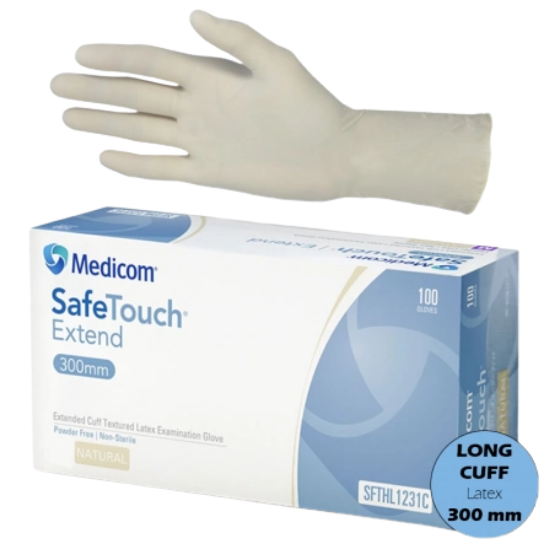 Safetouch Extend Extended Cuff Latex Examination Gloves box.