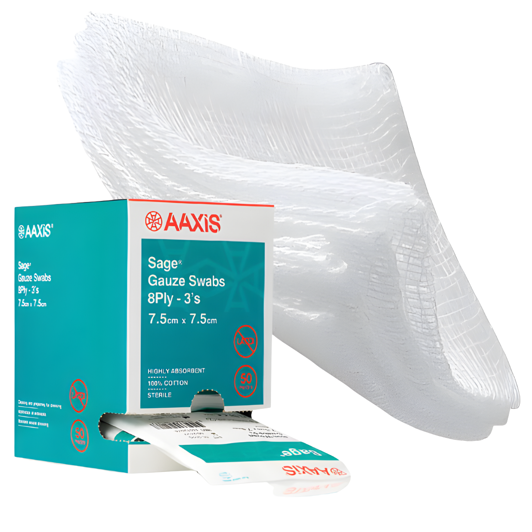 Sage Gauze Swabs 8ply Sterile cotton swabs for wound care, absorbency, and protection.