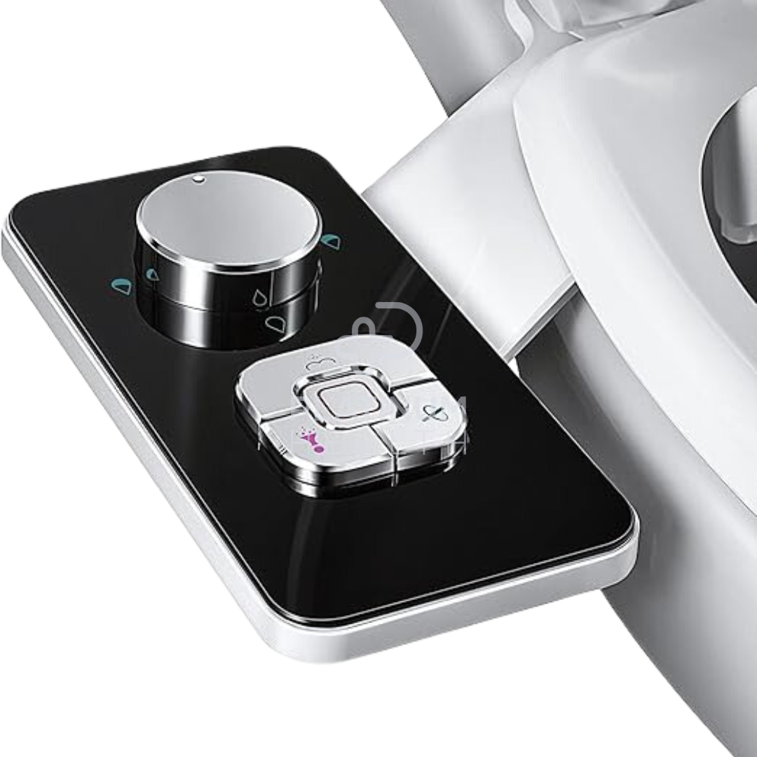 A modern bidet attachment with a sleek black and silver design, featuring control buttons and dual spray nozzles.