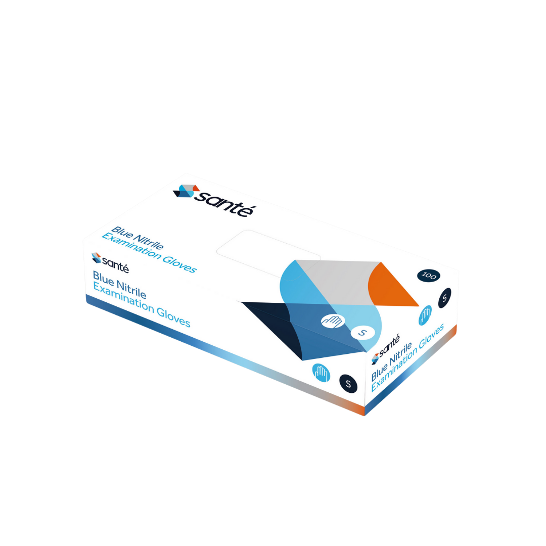 Box of Sante Disposable Blue Nitrile Medical Examination Gloves – Powder-Free, Latex-Free, Comfortable Fit