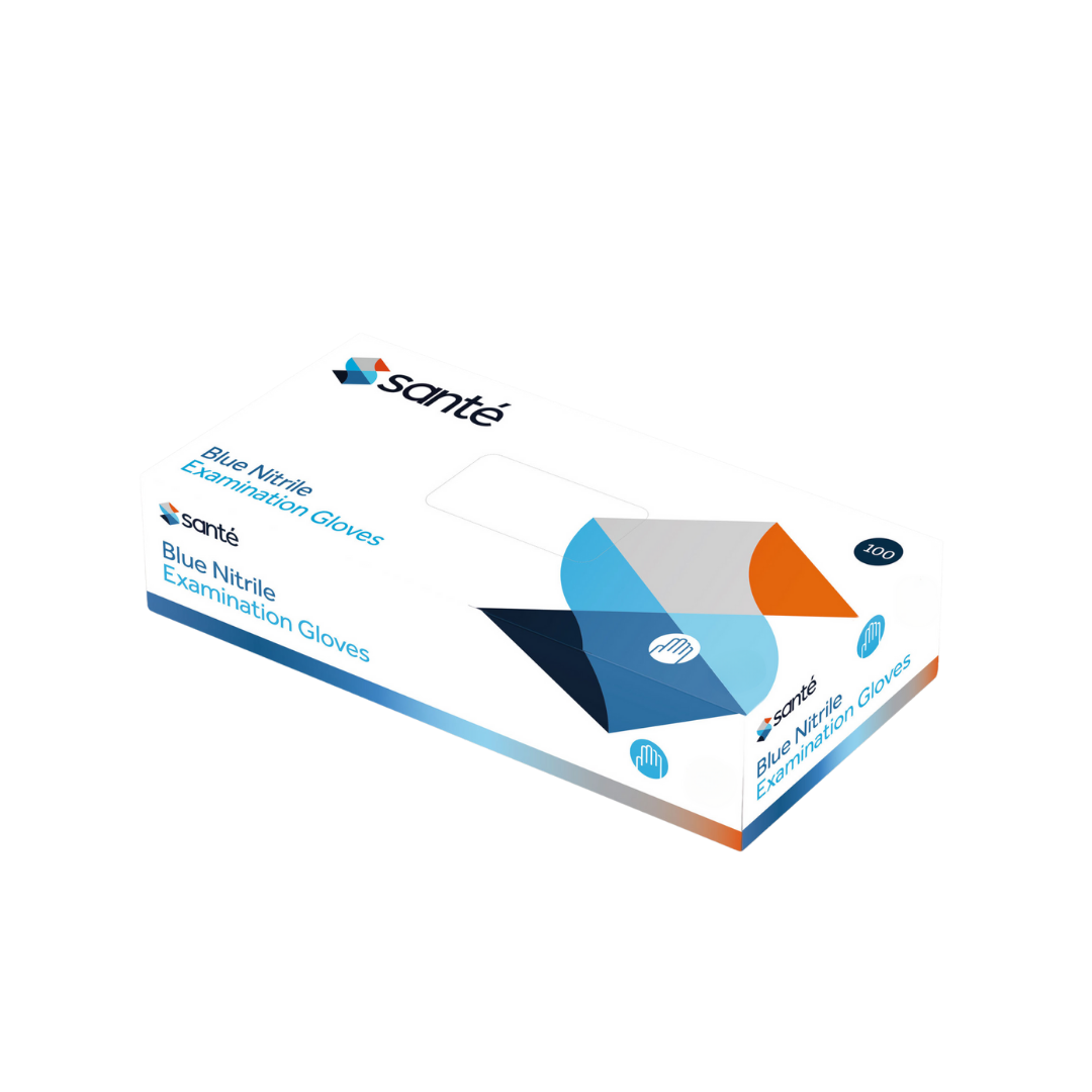 Box of Sante Disposable Blue Nitrile Medical Examination Gloves – Powder-Free, Latex-Free, Comfortable Fit