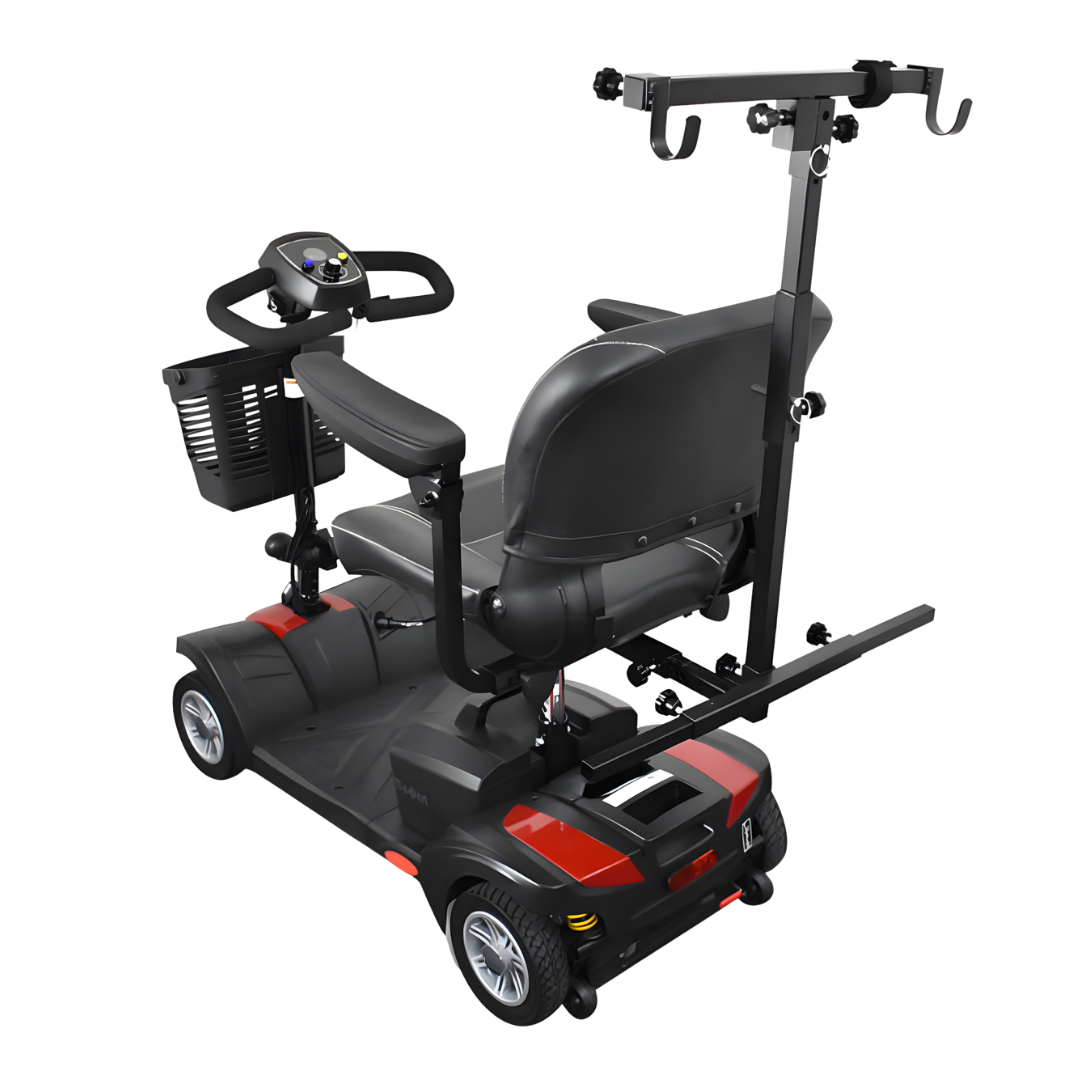 Standard seat walker holder for mobility scooter, designed for secure transport of walkers, enhancing independence and convenience during daily outings.