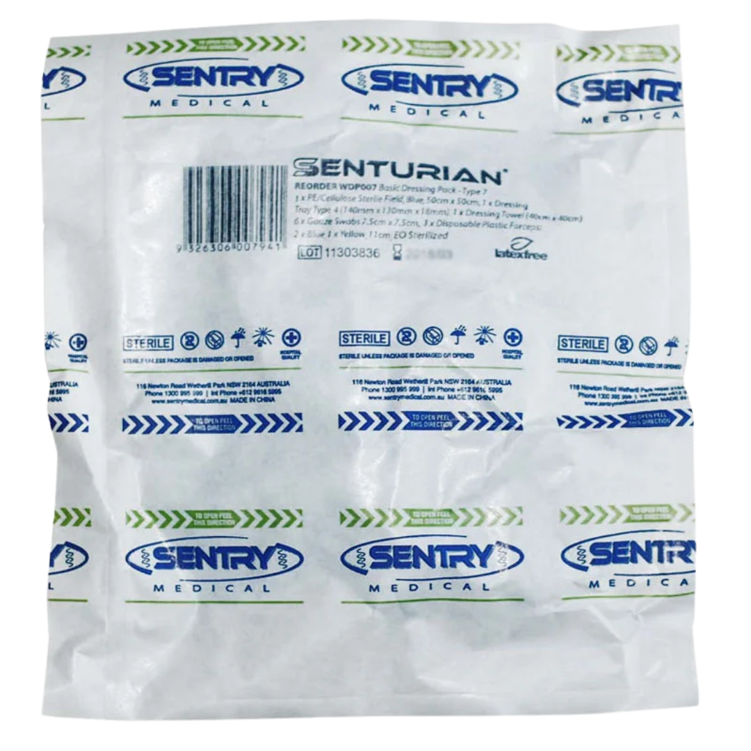 Senturian Basic Dressing Pack (Peel) with sterile wound care components in peel-open packaging, designed for hospitals, aged care, and home healthcare use.