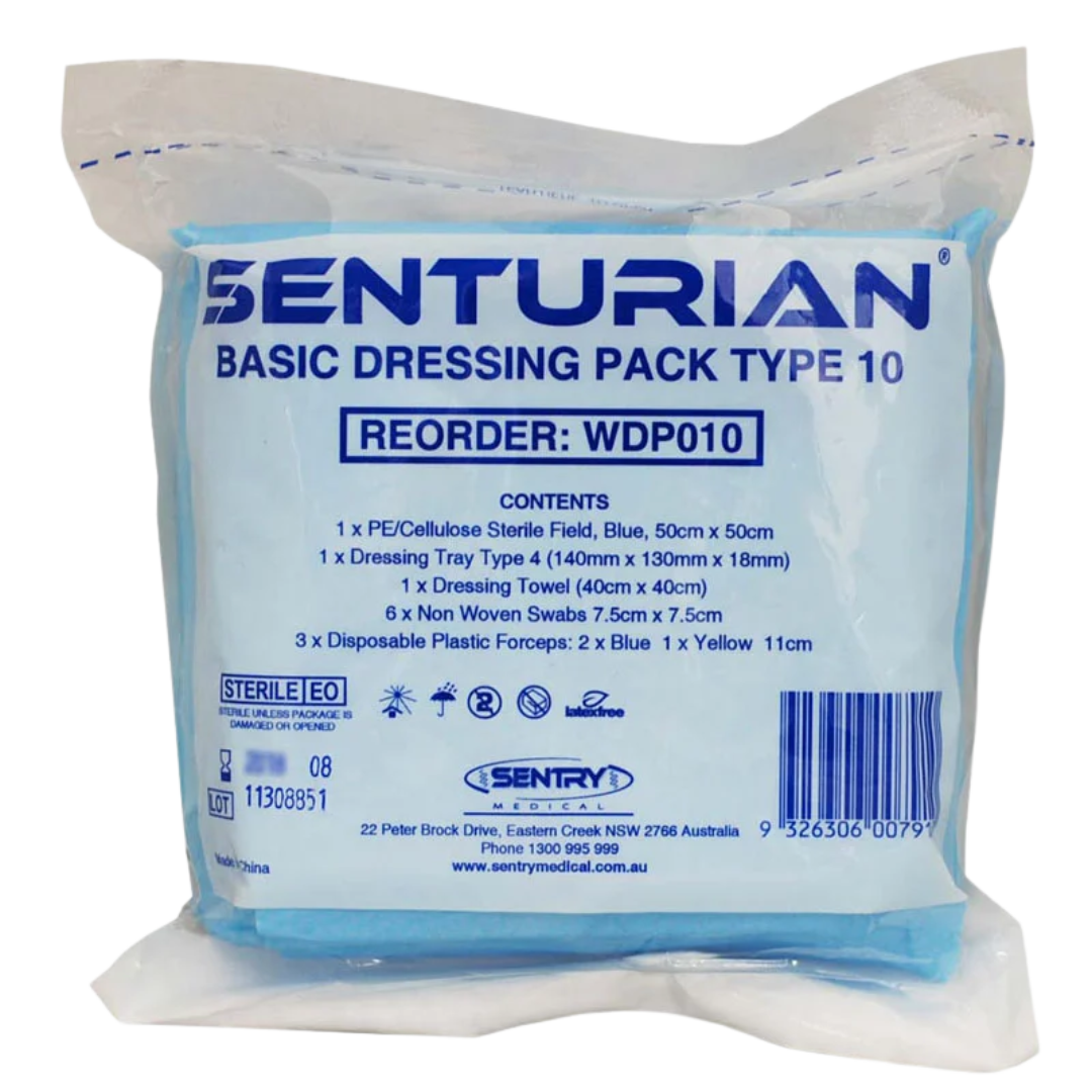 Senturian Basic Dressing Pack (Tear) with sterile wound care essentials in easy-tear packaging, designed for efficient dressing changes in clinical and home healthcare settings.