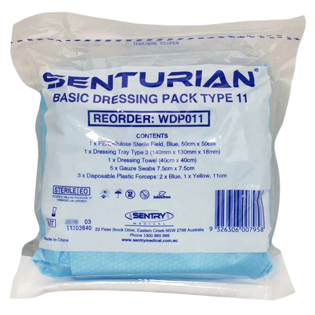 Senturian Basic Dressing Pack (Tear) with sterile wound care essentials in easy-tear packaging, designed for efficient dressing changes in clinical and home healthcare settings.
