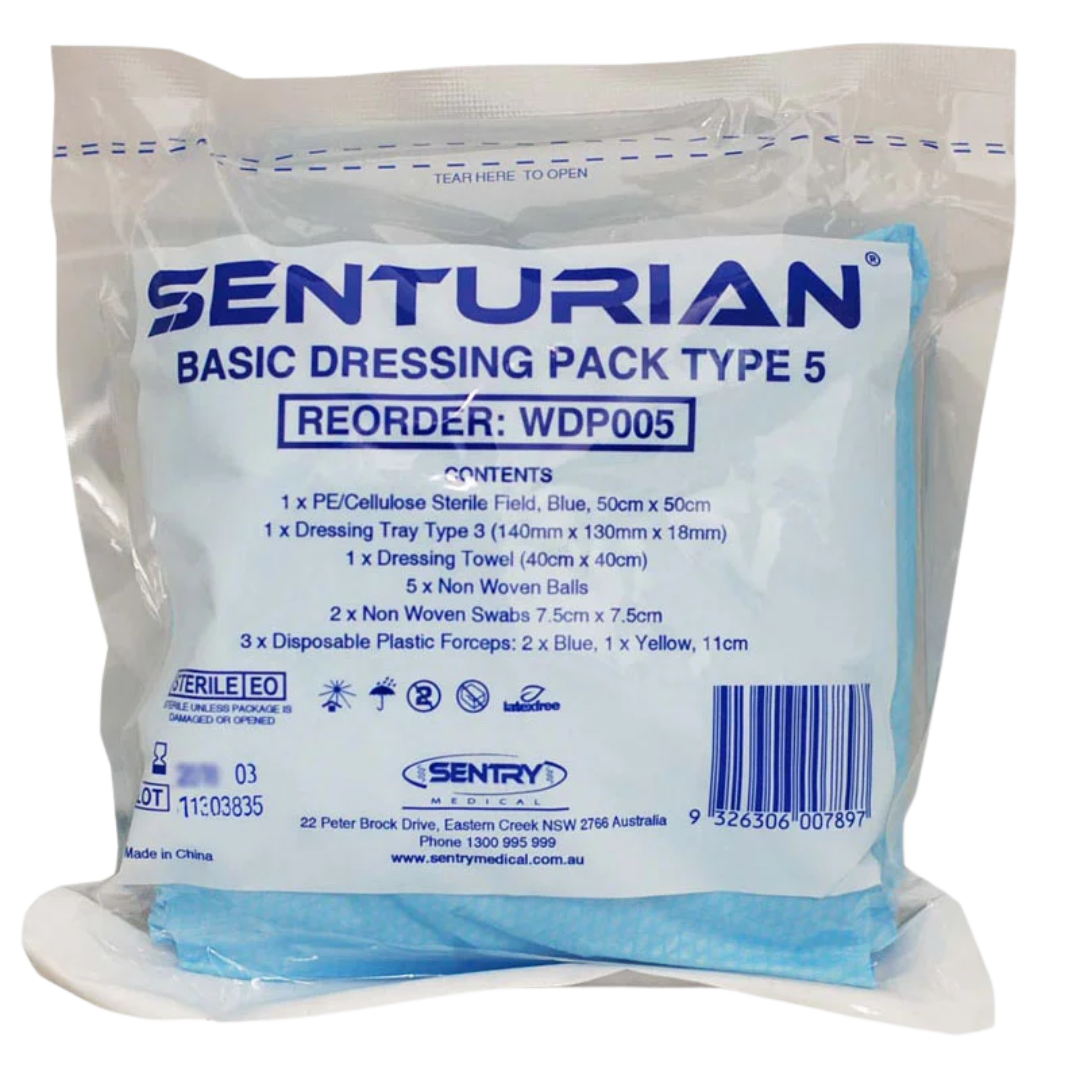 Senturian Basic Dressing Pack (Tear) with sterile wound care essentials in easy-tear packaging, designed for efficient dressing changes in clinical and home healthcare settings.