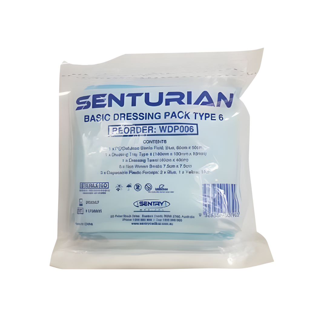 Senturian Basic Dressing Pack (Tear) with sterile wound care essentials in easy-tear packaging, designed for efficient dressing changes in clinical and home healthcare settings.