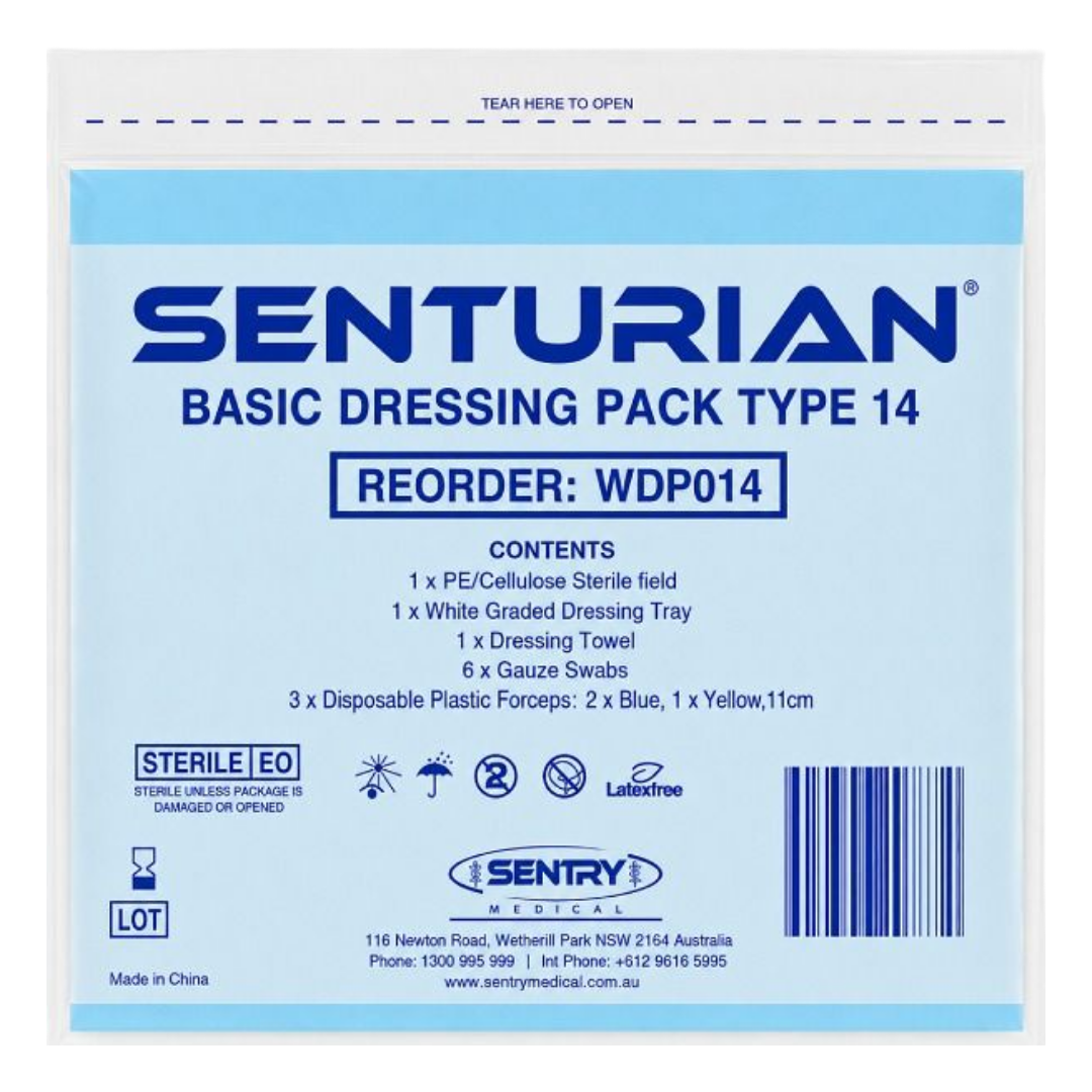 Senturian Basic Dressing Pack (Peel) with sterile wound care components in peel-open packaging, designed for hospitals, aged care, and home healthcare use.