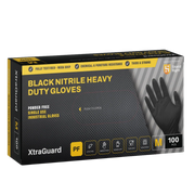 Retail box for Shield Right XtraGuard Black Nitrile Heavy Duty Industrial Gloves, featuring key callouts like powder-free, fully textured mega grip, chemical and puncture resistance, size medium, and a 100-count box layout on a transparent background.