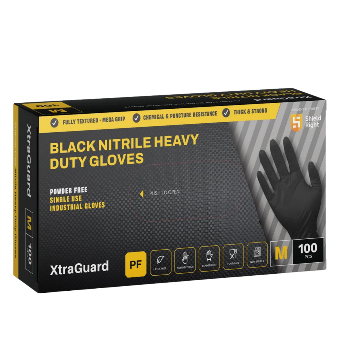 Retail box for Shield Right XtraGuard Black Nitrile Heavy Duty Industrial Gloves, featuring key callouts like powder-free, fully textured mega grip, chemical and puncture resistance, size medium, and a 100-count box layout on a transparent background.