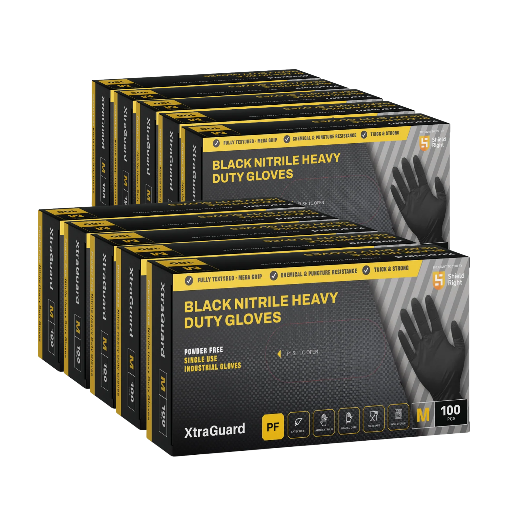 Product image showing a carton bulk pack of 10 boxes of Shield Right XtraGuard Black Nitrile Heavy Duty Industrial Gloves stacked together on a transparent background.