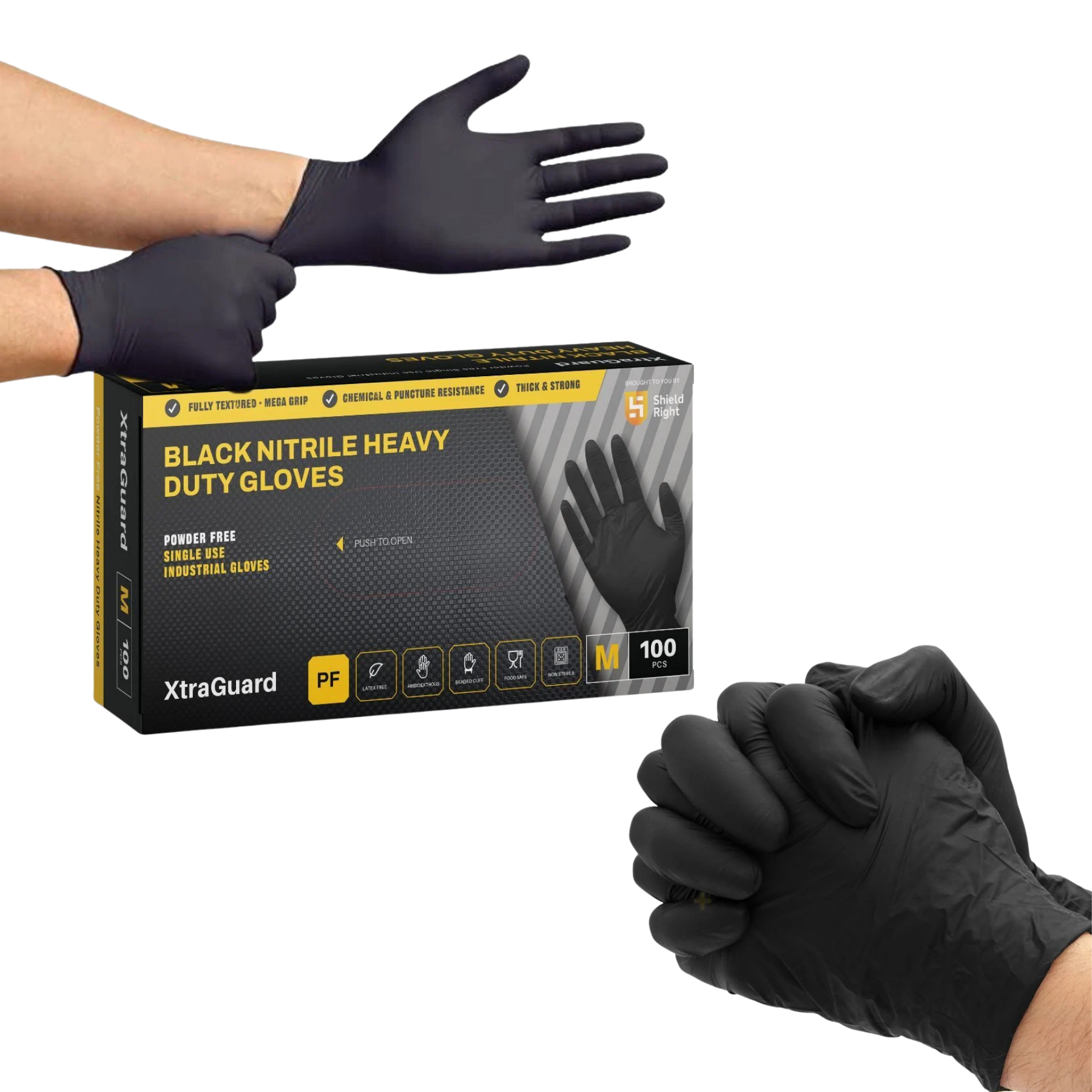 Product collage showing a retail box for Shield Right XtraGuard Black Nitrile Heavy Duty Industrial Gloves alongside hands wearing the fully textured black nitrile gloves on a transparent background.