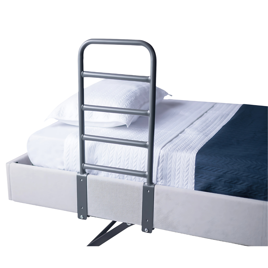 Royale Multi-Motion Tall Side Rail shown clamped to adjustable bed, featuring tall profile and multi-position functionality for enhanced safety and support.