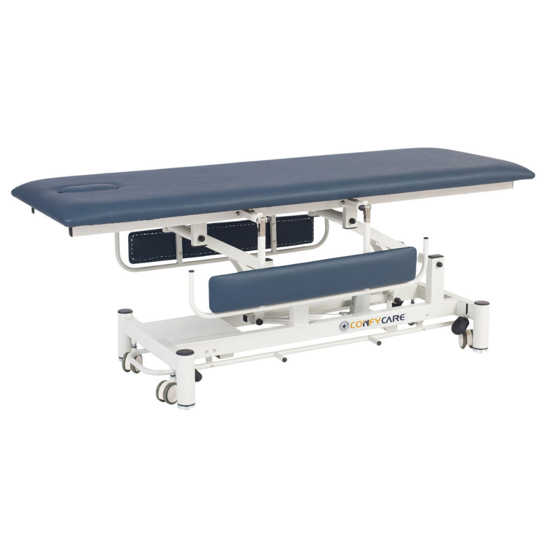 Single section medical treatment couch with safety side rails, durable steel frame, and wipe-clean vinyl surface, designed for patient care in hospitals, clinics, and aged care facilities.