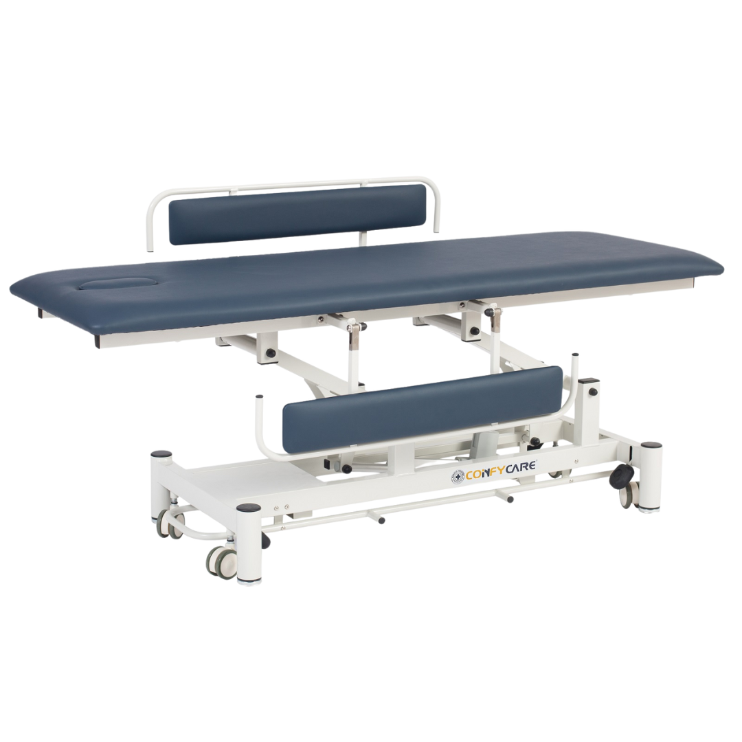 Single section medical treatment couch with safety side rails, durable steel frame, and wipe-clean vinyl surface, designed for patient care in hospitals, clinics, and aged care facilities.