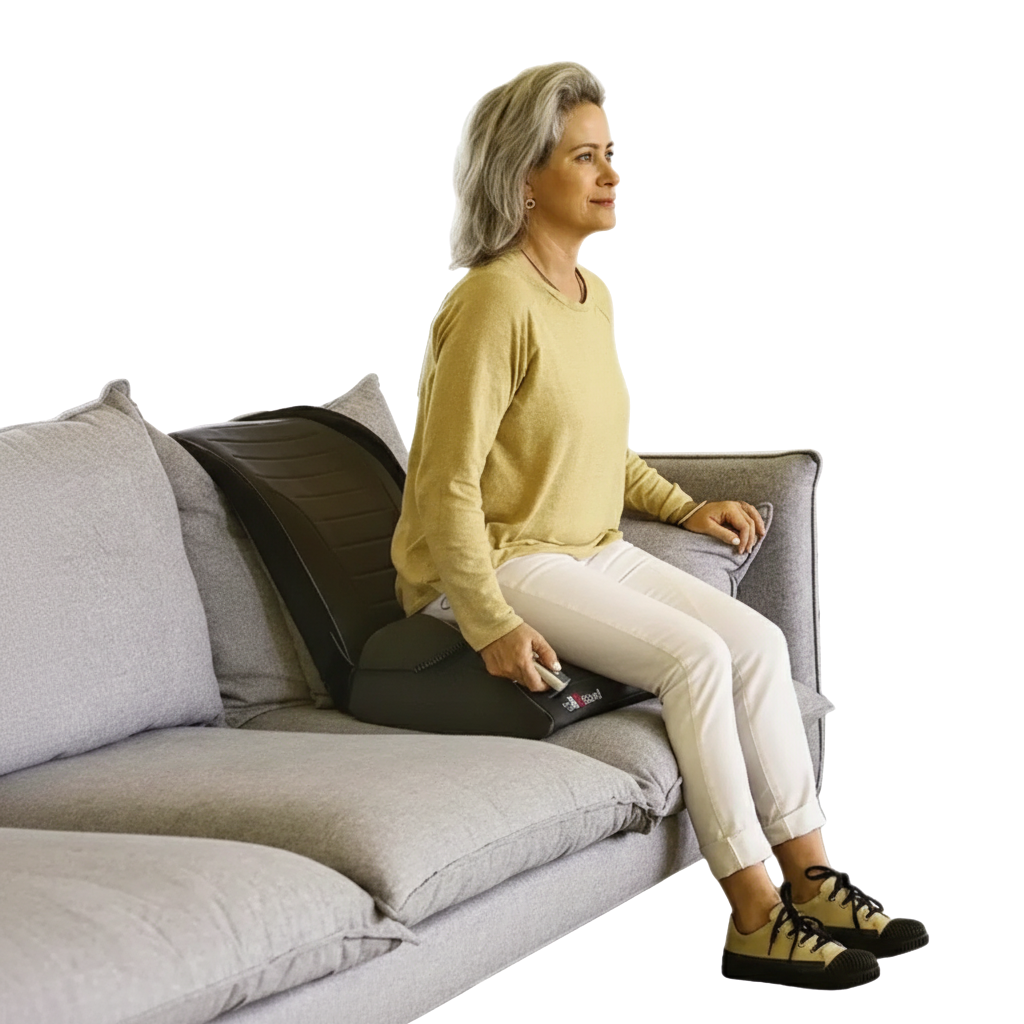 Woman sitting on a gray sofa with a back support device, wearing a yellow sweater and white pants.