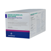 Sodium Chloride 0.9% Injection, 10mL ampoule, box of 50, Lumacina brand, sterile isotonic solution for IV infusion, dilution, and irrigation.
