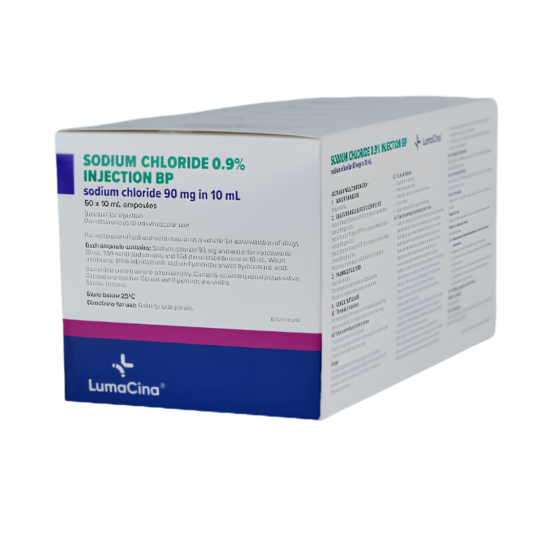 Sodium Chloride 0.9% Injection, 10mL ampoule, box of 50, Lumacina brand, sterile isotonic solution for IV infusion, dilution, and irrigation.