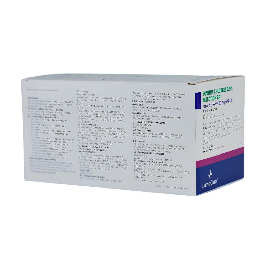 Sodium Chloride 0.9% Injection, 10mL ampoule, box of 50, Lumacina brand, sterile isotonic solution for IV infusion, dilution, and irrigation.