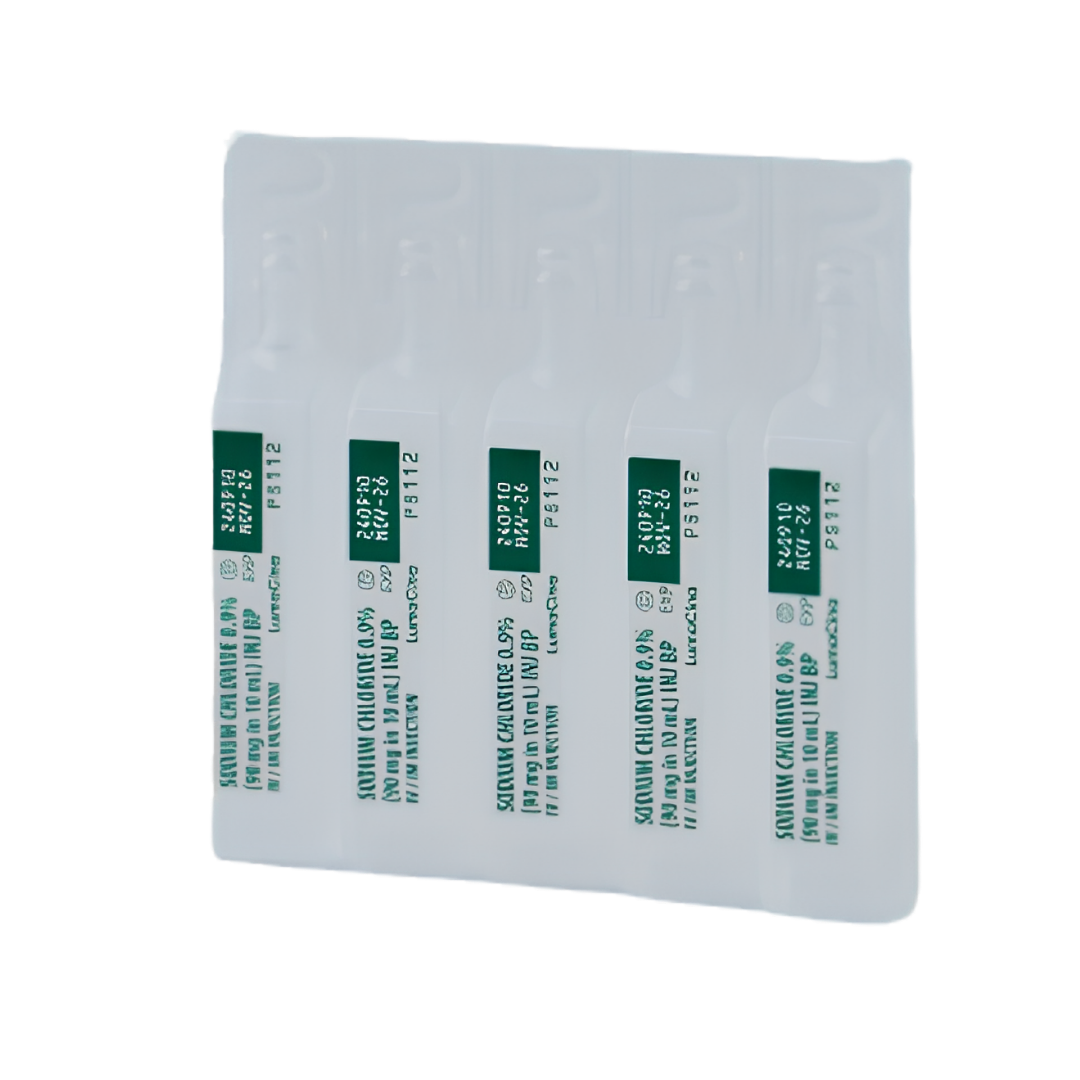 Sodium Chloride 0.9% Injection, 10mL ampoule, box of 50, Lumacina brand, sterile isotonic solution for IV infusion, dilution, and irrigation.