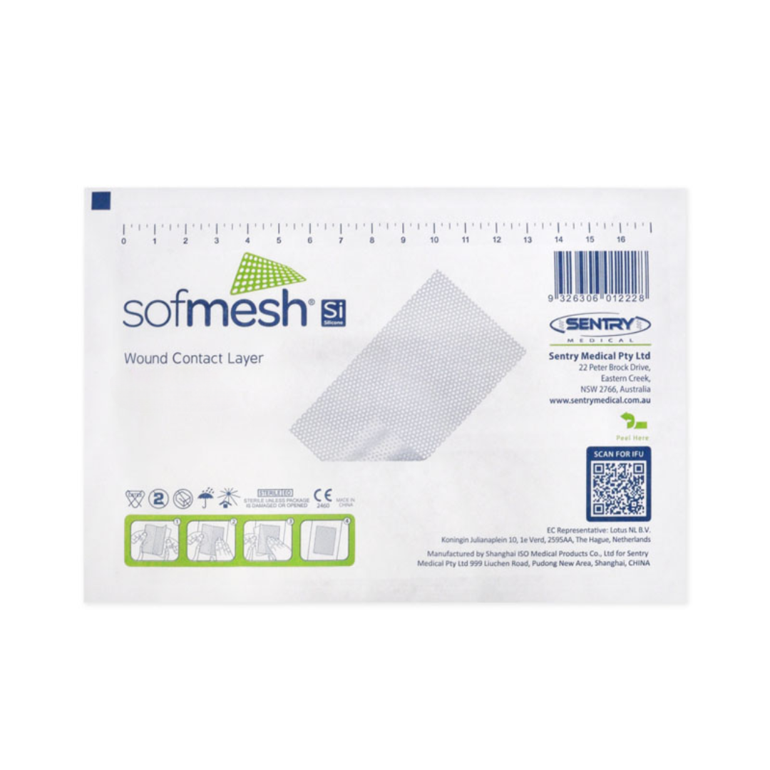 SofMesh Silicone Wound Contact Layer dressing with perforated mesh, designed for non-adherent wound protection and exudate transfer in medical and home care environments.