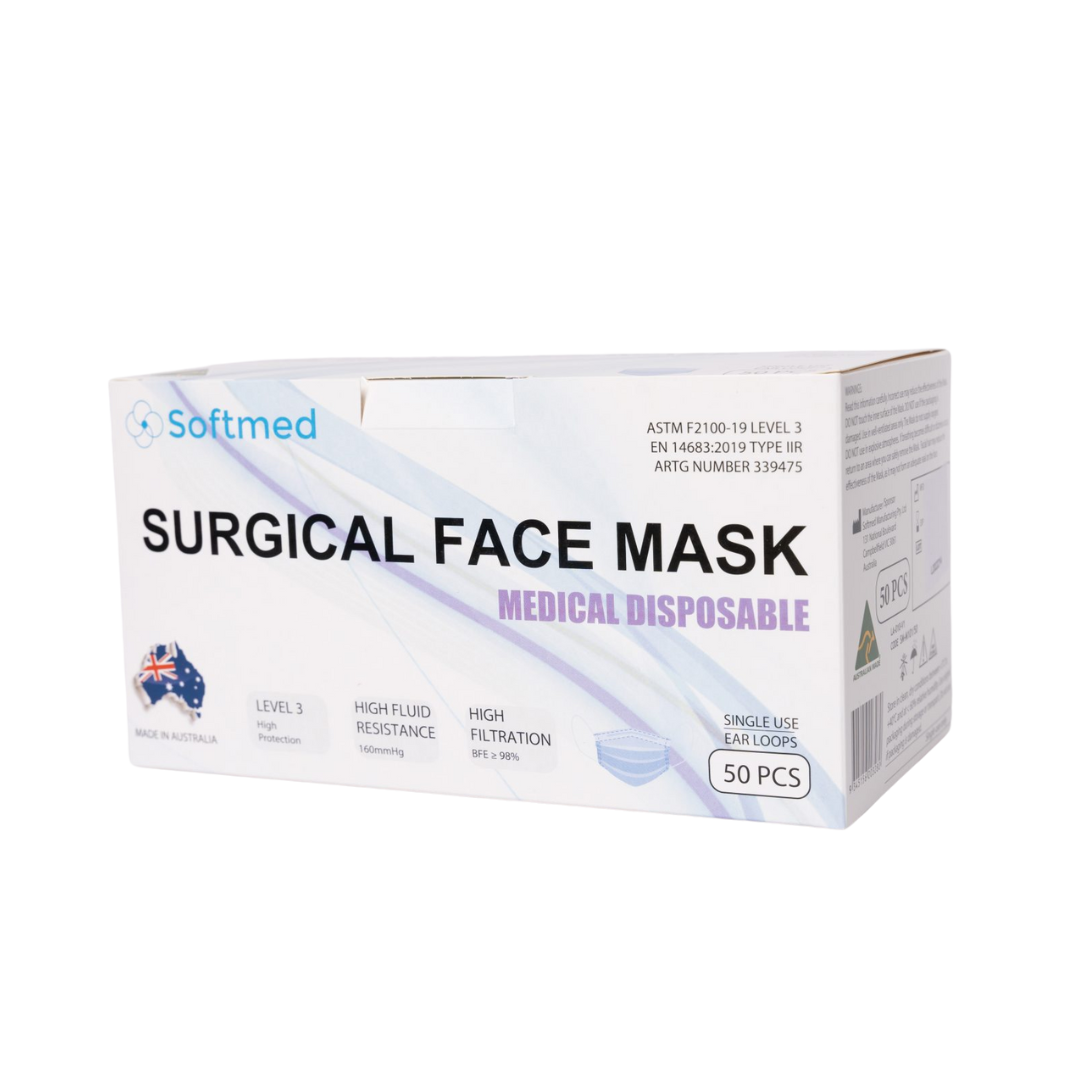 Softmed Level 3 Blue Surgical Mask with earloops – hypoallergenic, triple-layered, and Australian made.