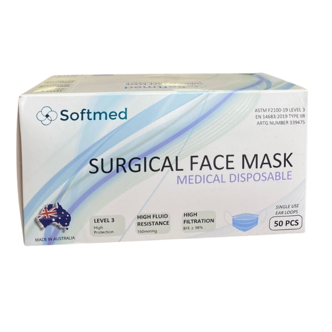 Softmed Level 3 Blue Surgical Mask with earloops – hypoallergenic, triple-layered, and Australian made.