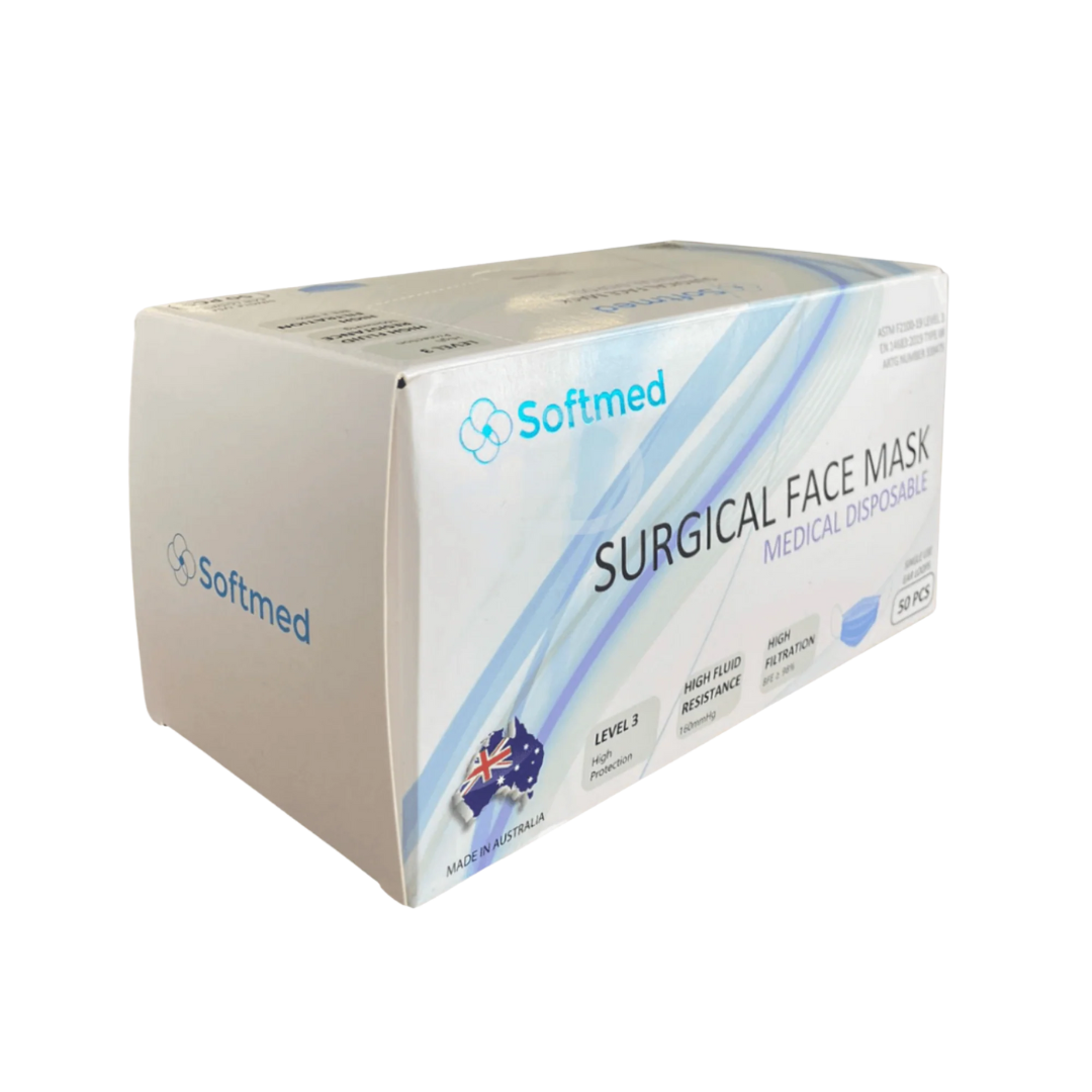 Softmed Level 3 Blue Surgical Mask with earloops – hypoallergenic, triple-layered, and Australian made.