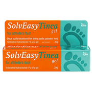 Packaging of SolvEasy Tinea 30g Gel, with visual representation of a foot indicating the application area for the treatment of athlete's foot.