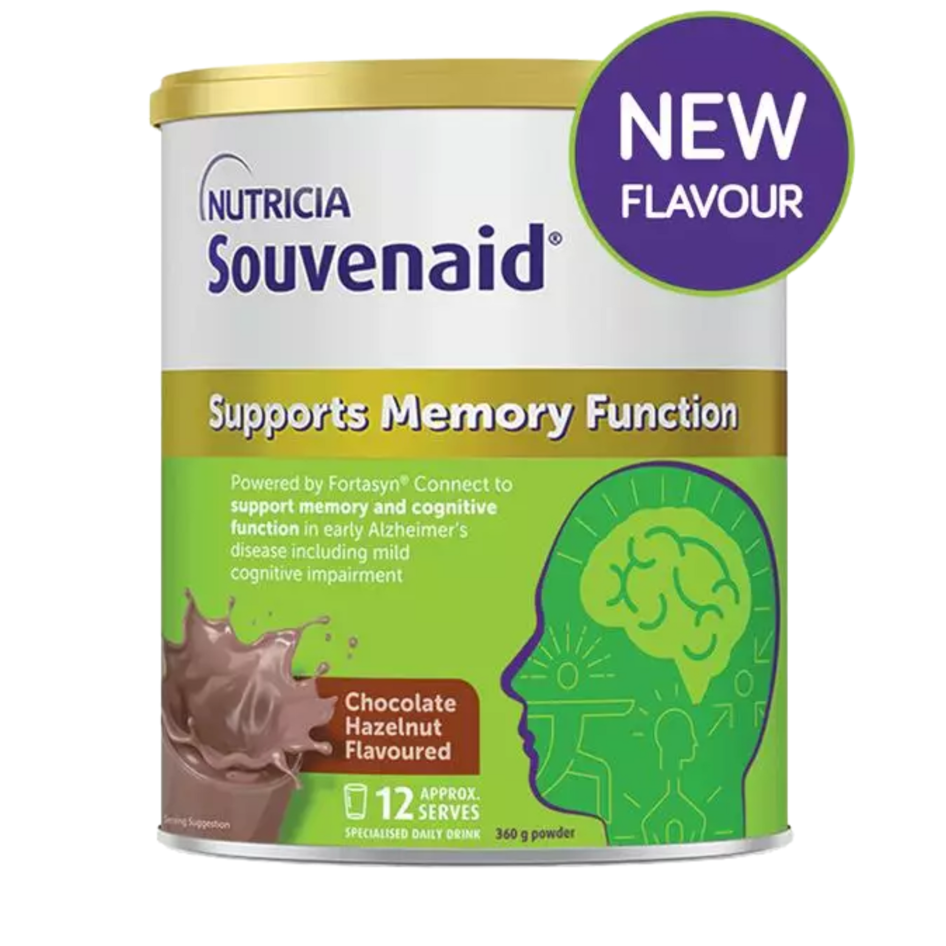 Nutricia Souvenaid 360g powdered nutritional drink in Chocolate Hazelnut Flavour, formulated with Fortasyn Connect to support memory function and cognitive health in early Alzheimer's and mild cognitive impairment. The can features a gold lid, green and white packaging, and scientifically proven claims for brain support.