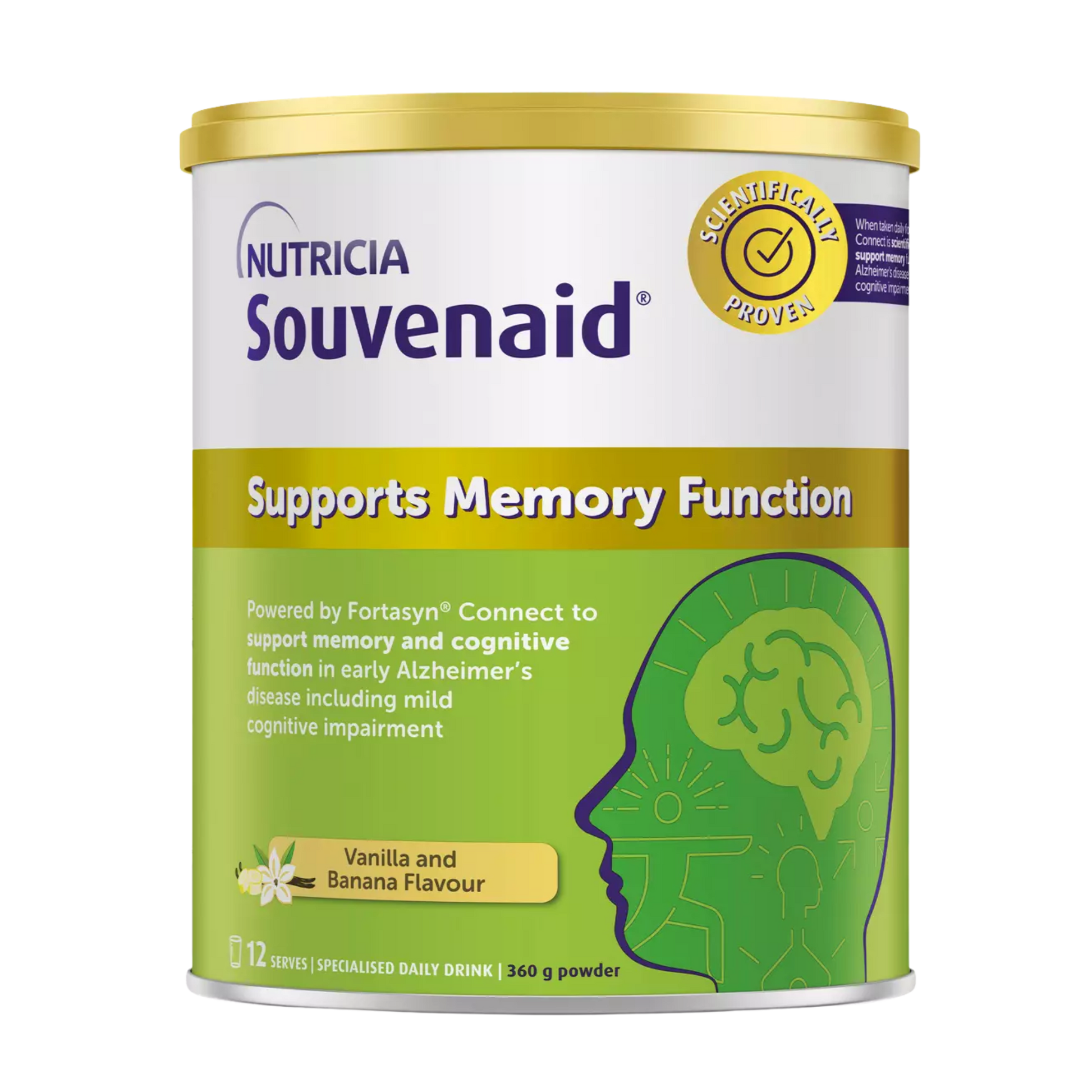 Nutricia Souvenaid 360g powdered nutritional drink in vanilla and banana flavor, formulated with Fortasyn Connect to support memory function and cognitive health in early Alzheimer's and mild cognitive impairment. The can features a gold lid, green and white packaging, and scientifically proven claims for brain support.