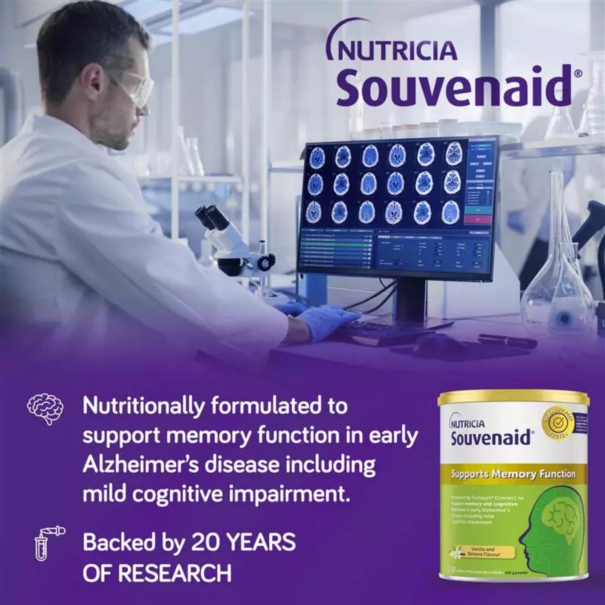 Nutricia Souvenaid 360g powdered nutritional drink banner, formulated with Fortasyn Connect to support memory function and cognitive health in early Alzheimer's and mild cognitive impairment. The can features a gold lid, green and white packaging, and scientifically proven claims for brain support.