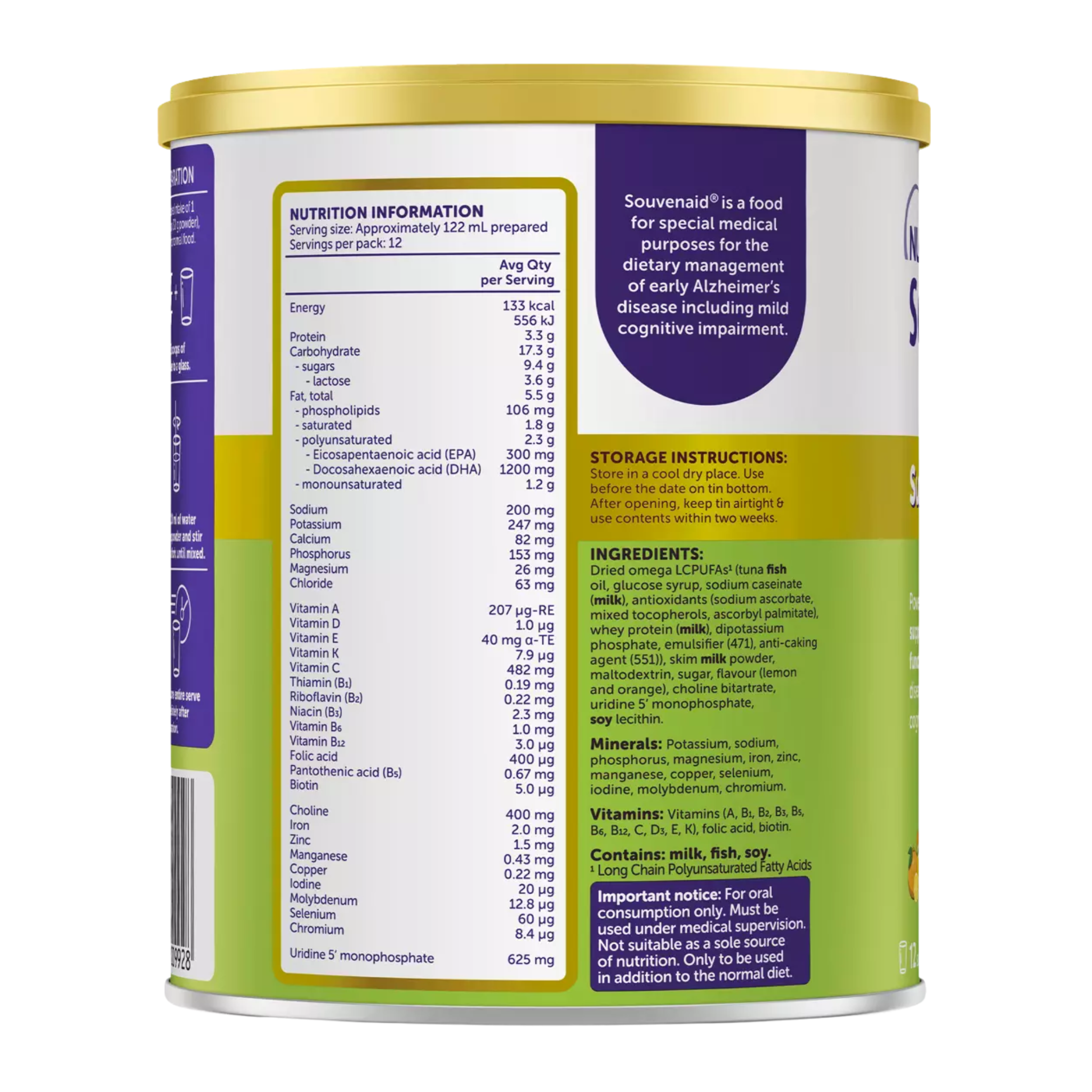 Nutritional label on a container of Souvenaid, a food for special medical dietary management of early Alzheimer's disease.