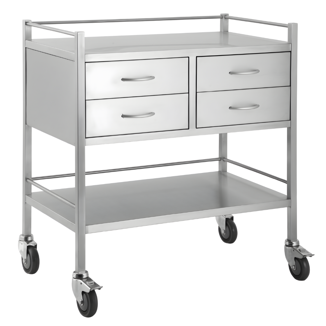 Stainless Steel Double Trolley Four Drawer Two Over Two with durable finish, organised layout and smooth mobility, ideal for hospitals, aged care and home care.